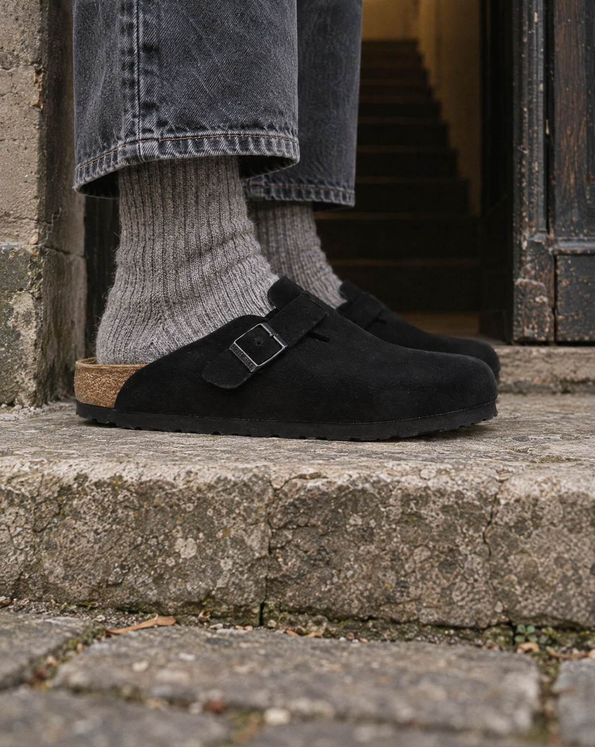 Birkenstock Boston Soft Footbed Suede Black - on-foot
