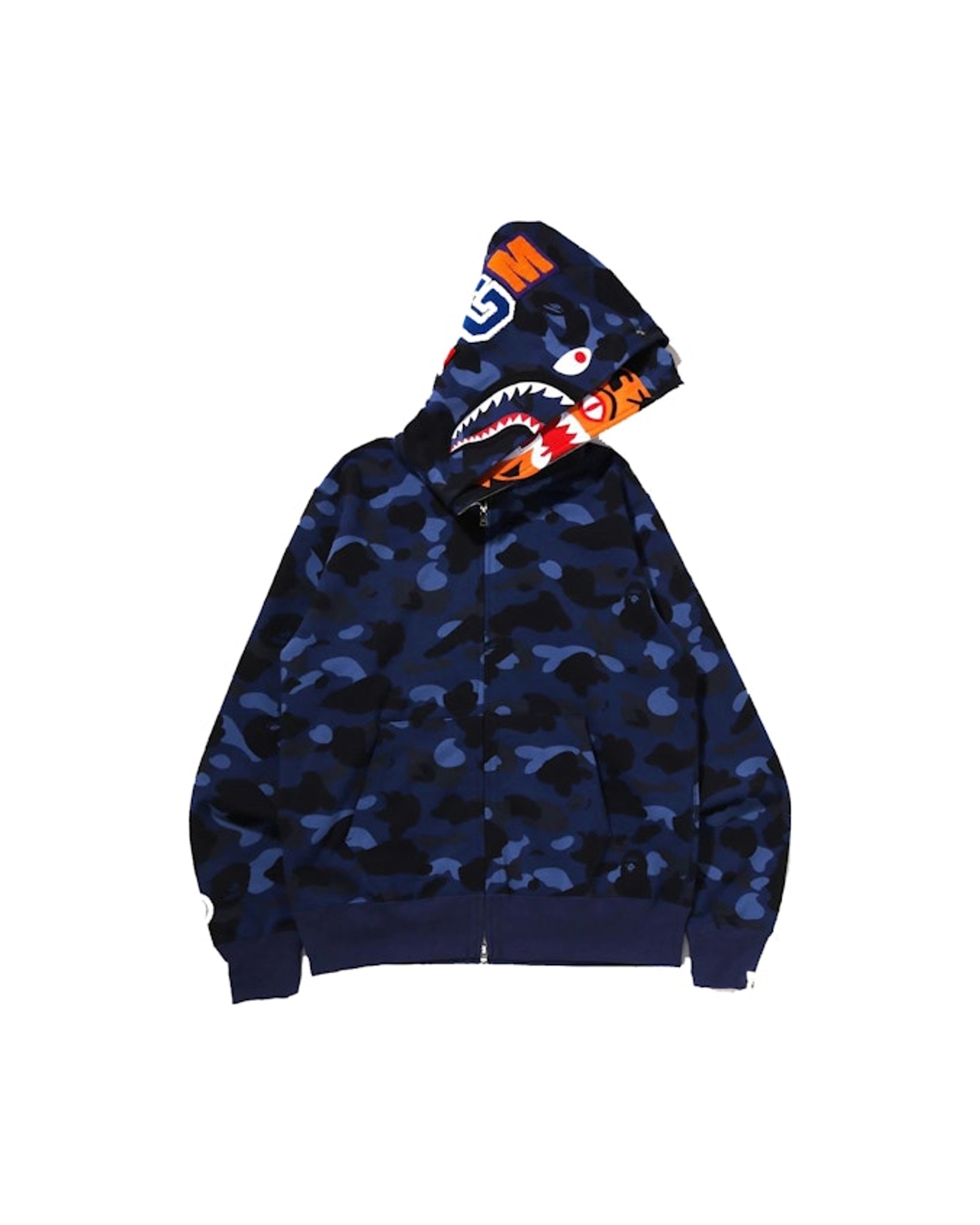 BAPE Color Camo Tiger Shark Wide Full Zip Double Hoodie (SS22) Navy